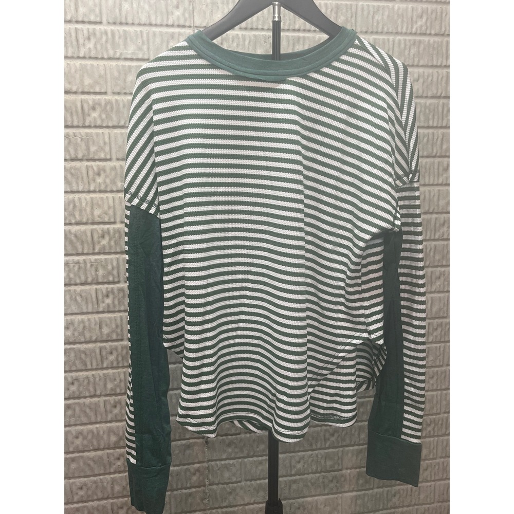 Green White Stripe Long Sleeve Top Women's Size M Waffle‎ Knit Casual Comfort